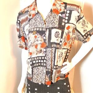 Vintage 90’ Patchwork Mixed Print Blouse w/ Split Tulip Back with Button on Hem